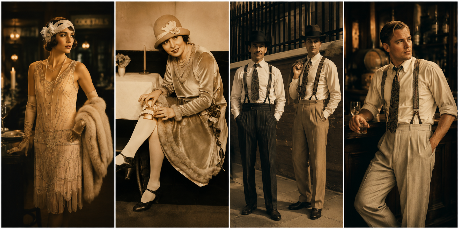 Ideas de vestuario años 20 para la cena temática RIVFIT: vestidos flapper, sombreros, tirantes y estilo gangster