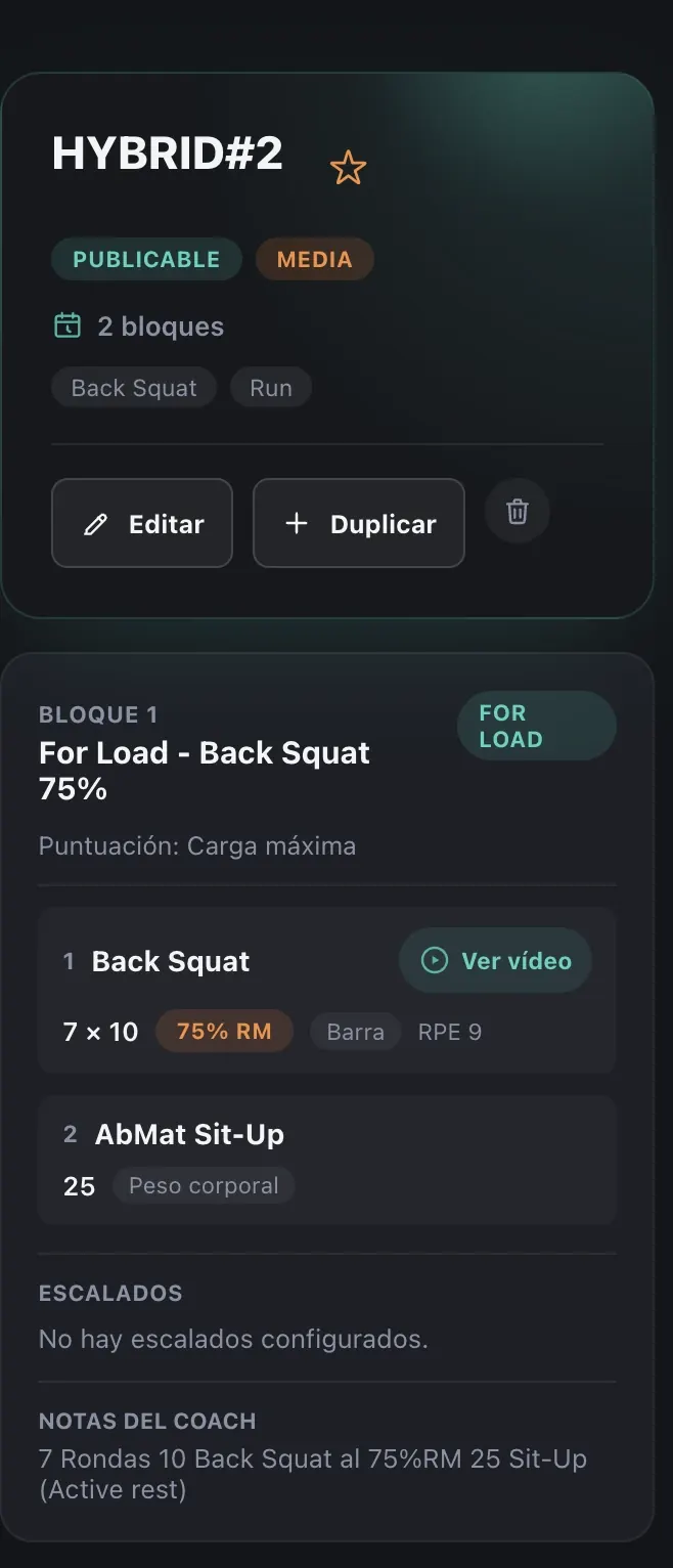 Vista móvil de entrenamiento en RIVFIT Manager